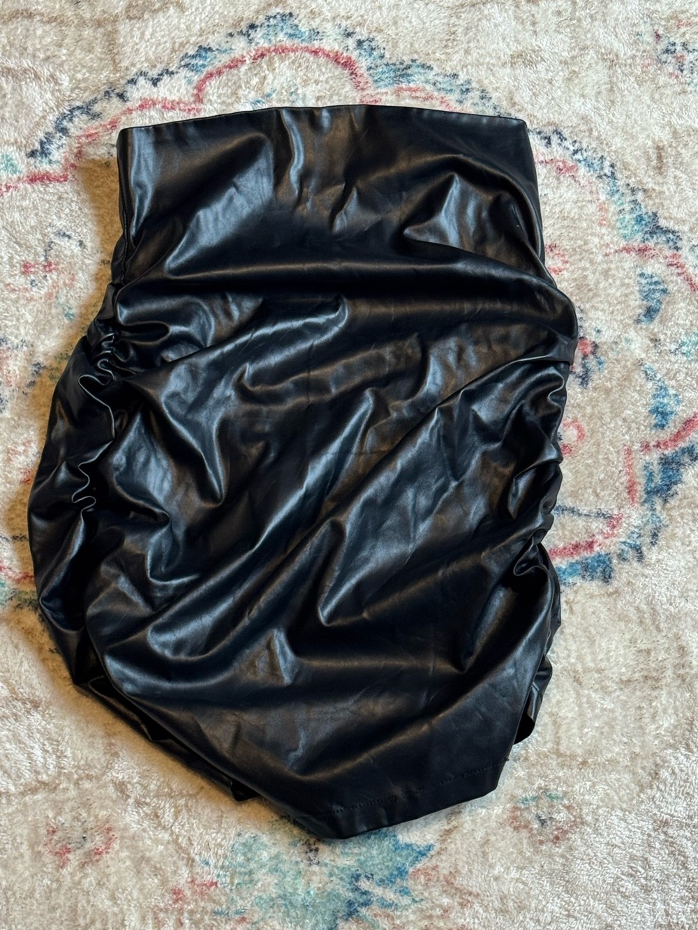 NWOT Black Faux Leather Ruched Mini Skirt